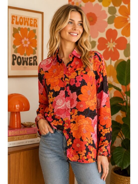 Johnny Was Workshop Tops - Johnny Was Workshop Silk Floral Button Front Blouse Top Small Pink Orange